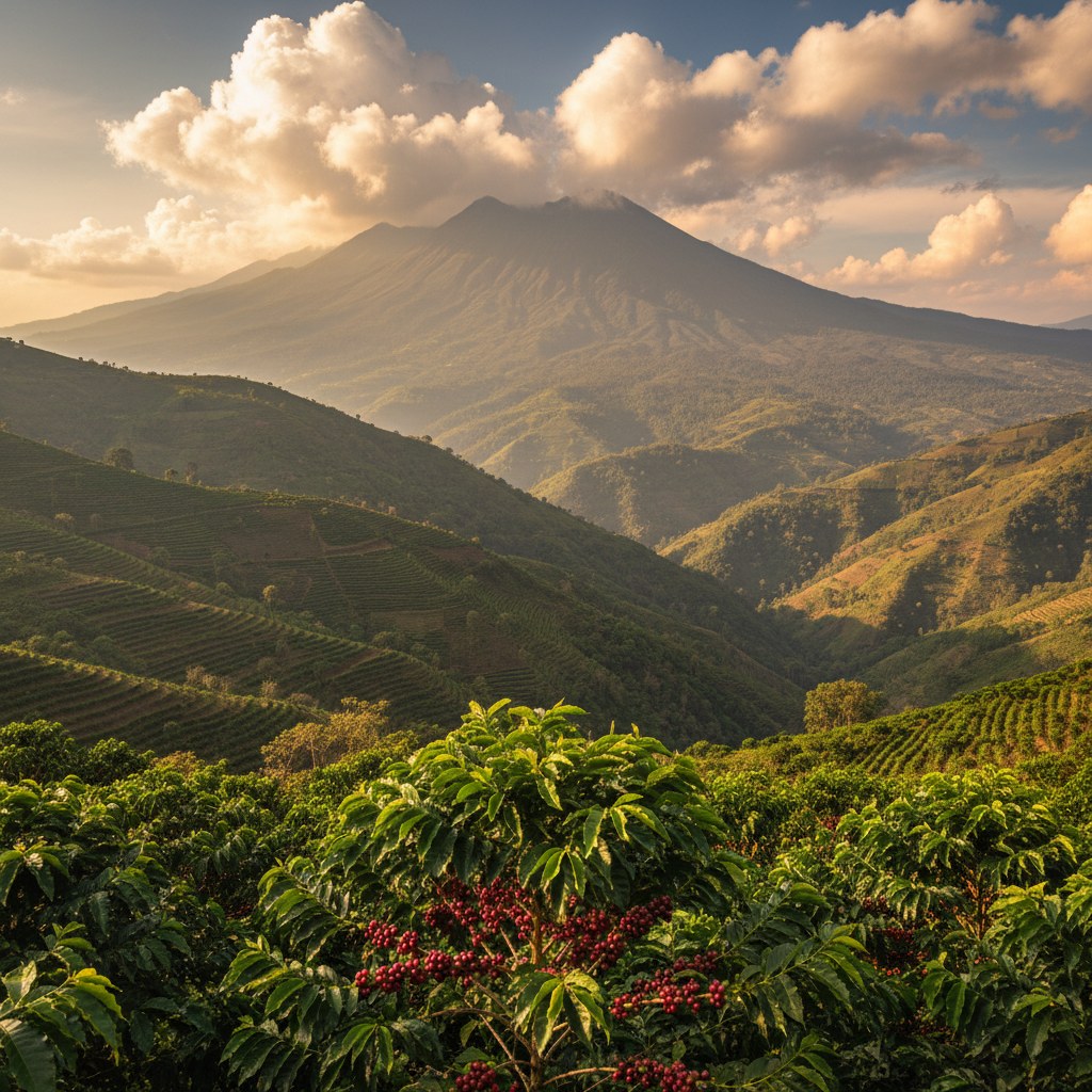 Guatemala Huehuetenango kahve çiftliği — volkanik toprakta gölge altında yetişen kahve ağaçları