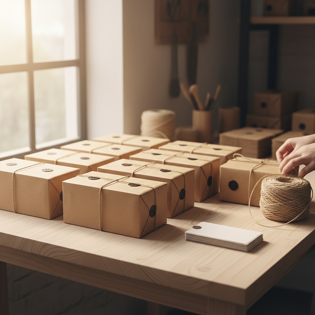 Kraft kâğıda sarılmış kahve paketleri menşe kartlarıyla birlikte hazırlanıyor